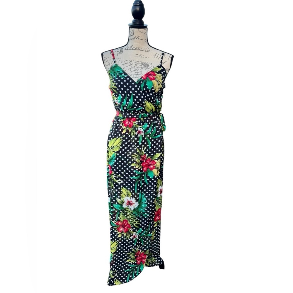 AQUA Tropical Floral Maxi Dress, Black and White Poka Dot Size Small